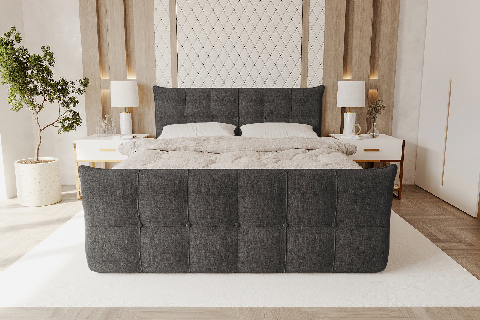Modernes Polsterbett in Dunkelgrau mit gepolstertem Kopf- und Fußteil im hellen Schlafzimmer, frontal von vorn aus Augenhöhe fotografiert