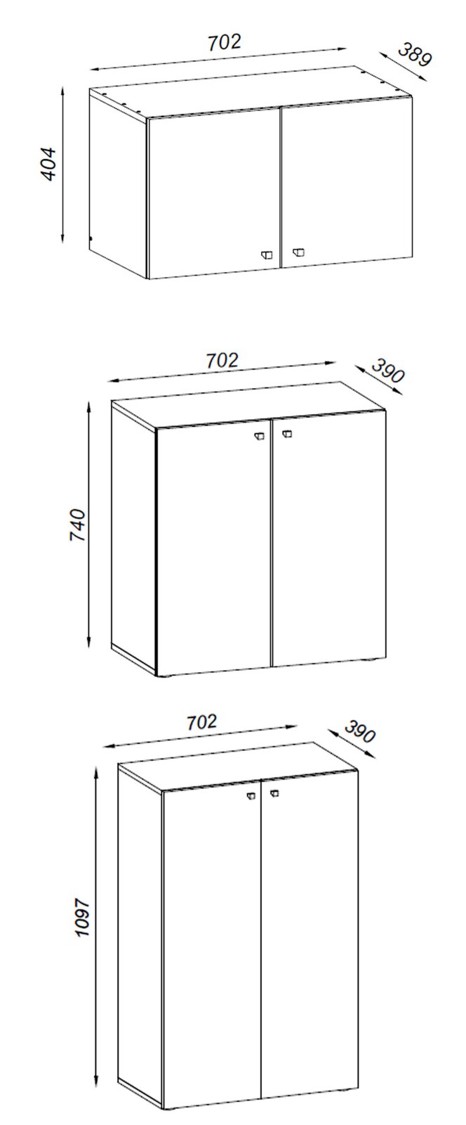 Technische Zeichnung eines zweitürigen Schranks/Schrankmoduls mit Maßangaben (Breite 702 mm, Tiefe ca. 389–390 mm, Höhen 404/740/1097 mm), gezeigt in schräger 3D-Ansicht von vorne oben.