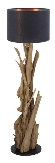 Stehleuchte mit natürlichem Holzfuß und schwarzem Lampenschirm, frontal betrachtet.