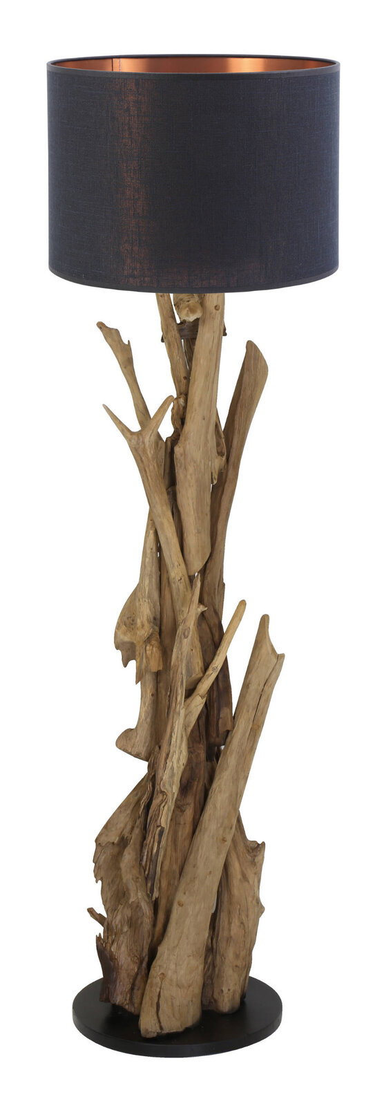 Stehleuchte mit natürlichem Holzfuß und schwarzem Lampenschirm, frontal betrachtet.