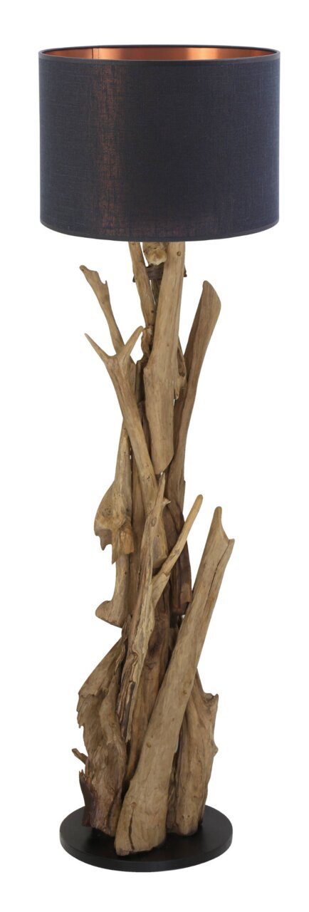 Light&Living Stehleuchte Stehleuchte mit natürlichem Holzfuß und schwarzem Lampenschirm, frontal betrachtet.