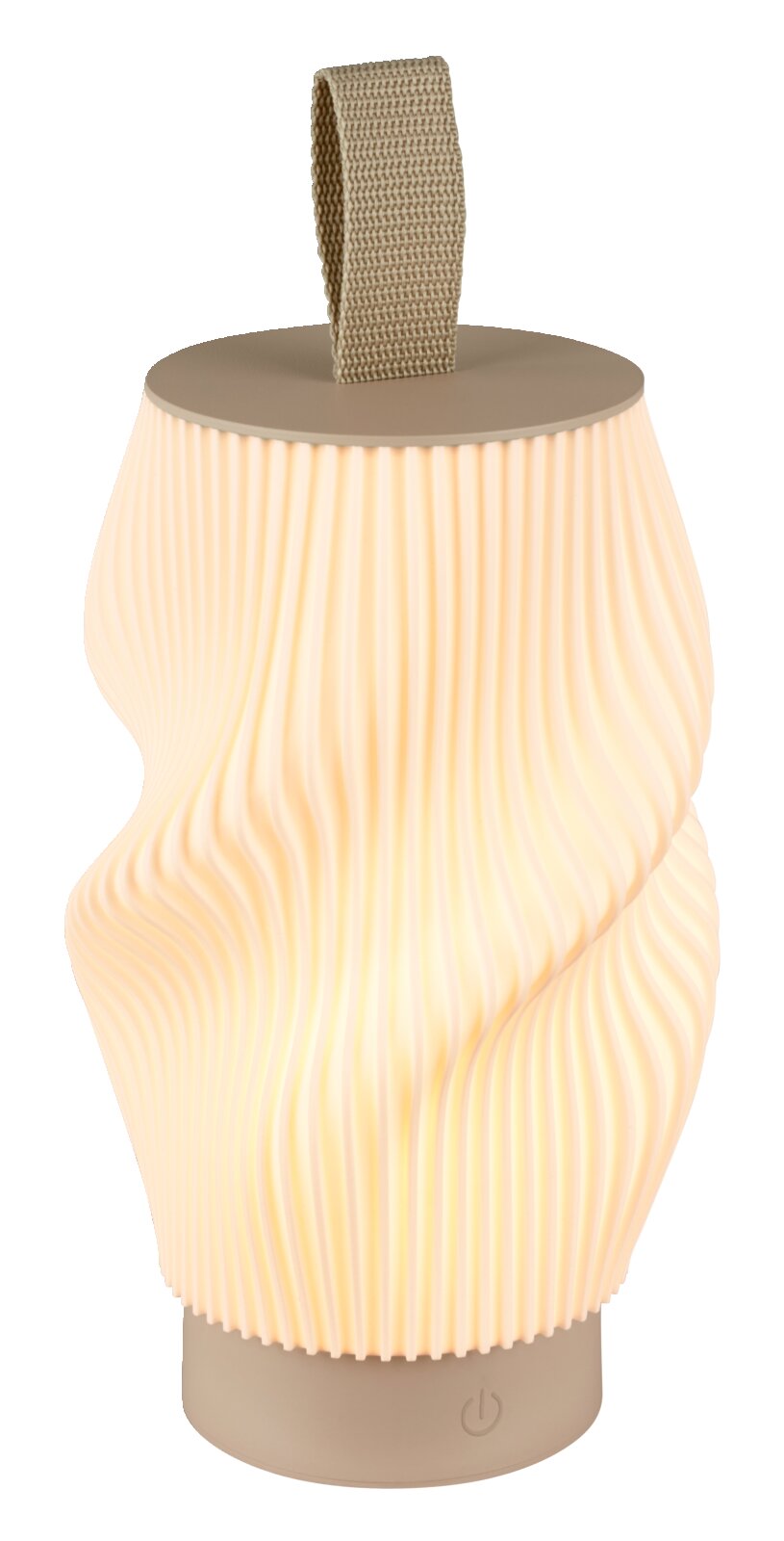 Tragbare LED-Laterne in Beige mit wellenförmig geriffeltem, warmweiß leuchtendem Diffusor, Stoff-Trageschlaufe und Power-Button am Sockel, freigestellt auf weißem Hintergrund, frontale Produktansicht.