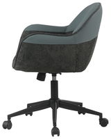 Moderner Drehstuhl in Seitenansicht mit grauem Stoffbezug und schwarzem Fußkreuz auf Rollen.