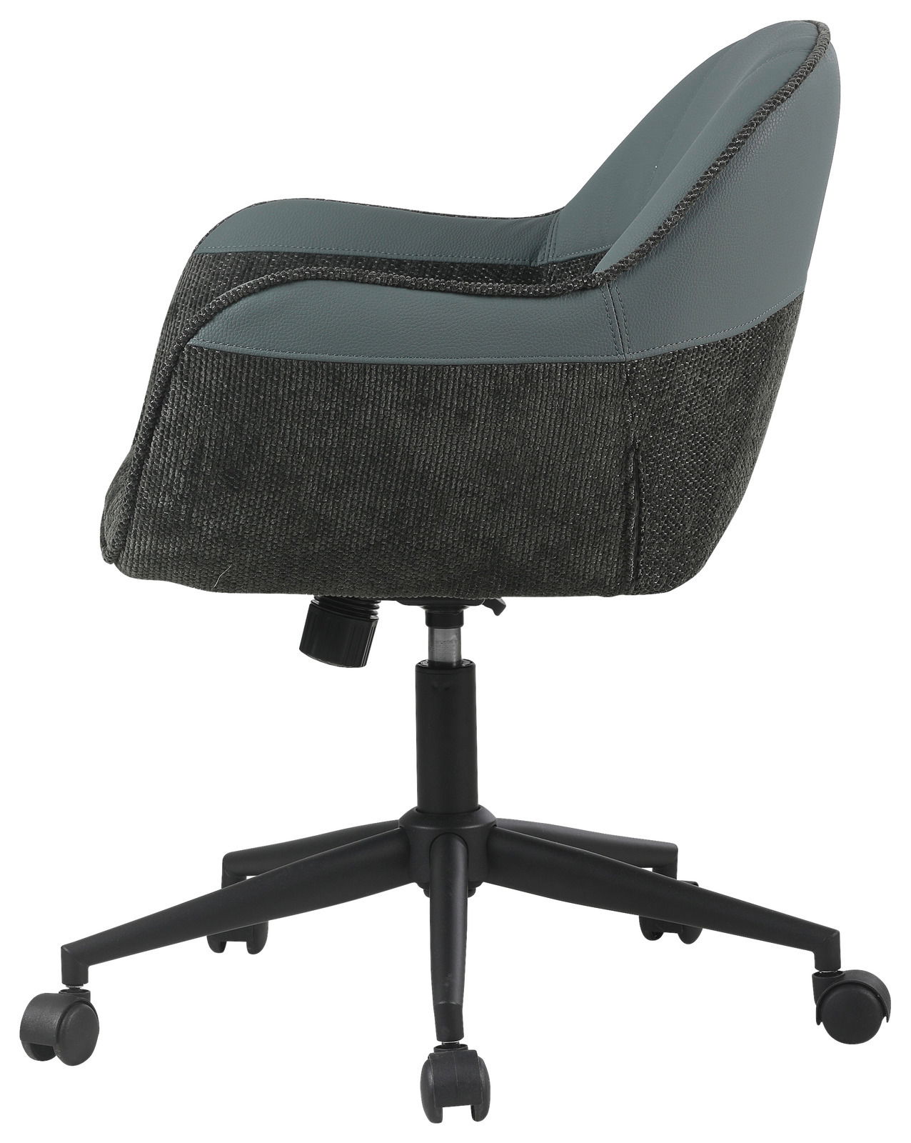 Moderner Drehstuhl in Seitenansicht mit grauem Stoffbezug und schwarzem Fußkreuz auf Rollen.