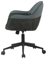 Moderner Drehstuhl in Seitenansicht mit grauem Stoffbezug und schwarzem Fußkreuz auf Rollen.