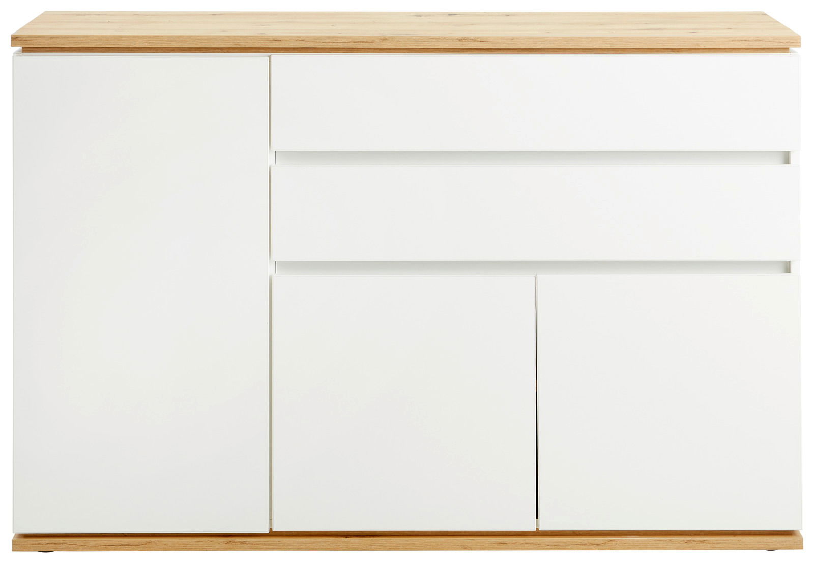 Frontale Ansicht einer modernen weißen Kommode mit Holzoberfläche und drei Schubladen.