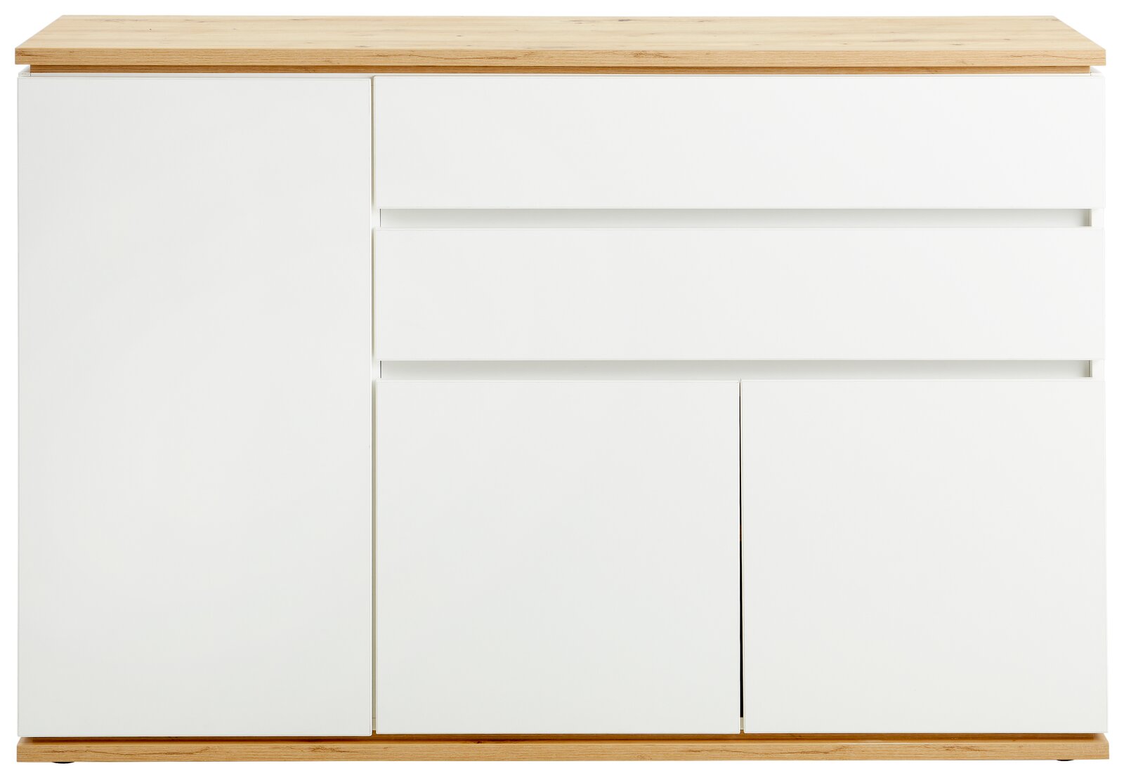 Frontale Ansicht einer modernen weißen Kommode mit Holzoberfläche und drei Schubladen.