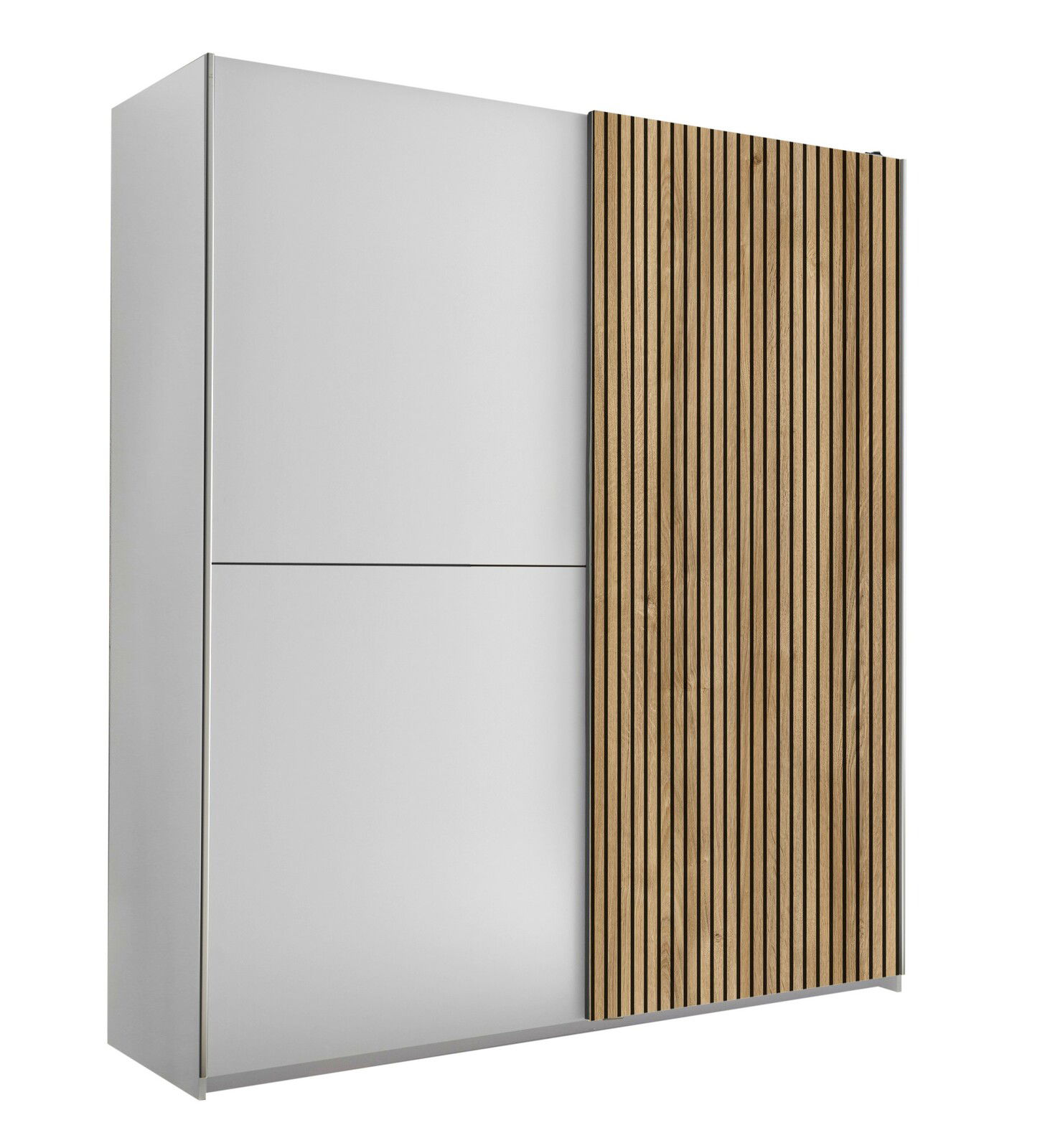 Schwebetürenschrank mit zwei Türen, eine in Weiß und die andere mit Holzlamellen, seitliche Perspektive