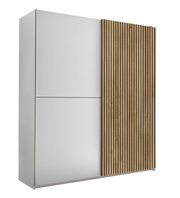 Schwebetürenschrank mit zwei Türen, eine in Weiß und die andere mit Holzlamellen, seitliche Perspektive