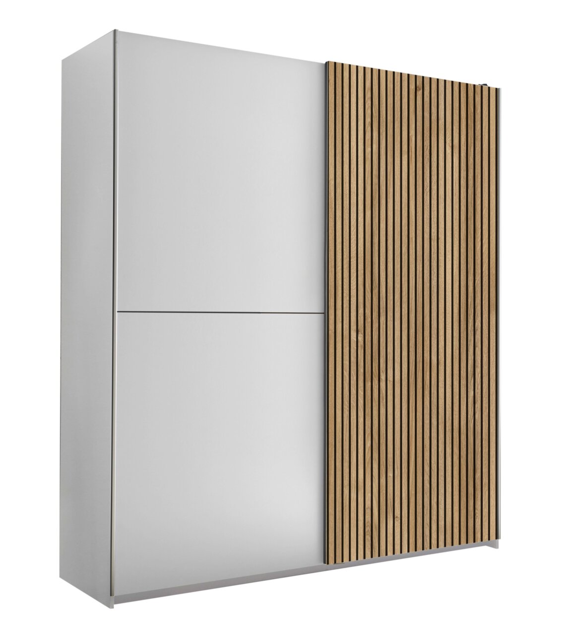 Z2 Schwebetürenschrank 2-türig BERNO Schwebetürenschrank mit zwei Türen, eine in Weiß und die andere mit Holzlamellen, seitliche Perspektive