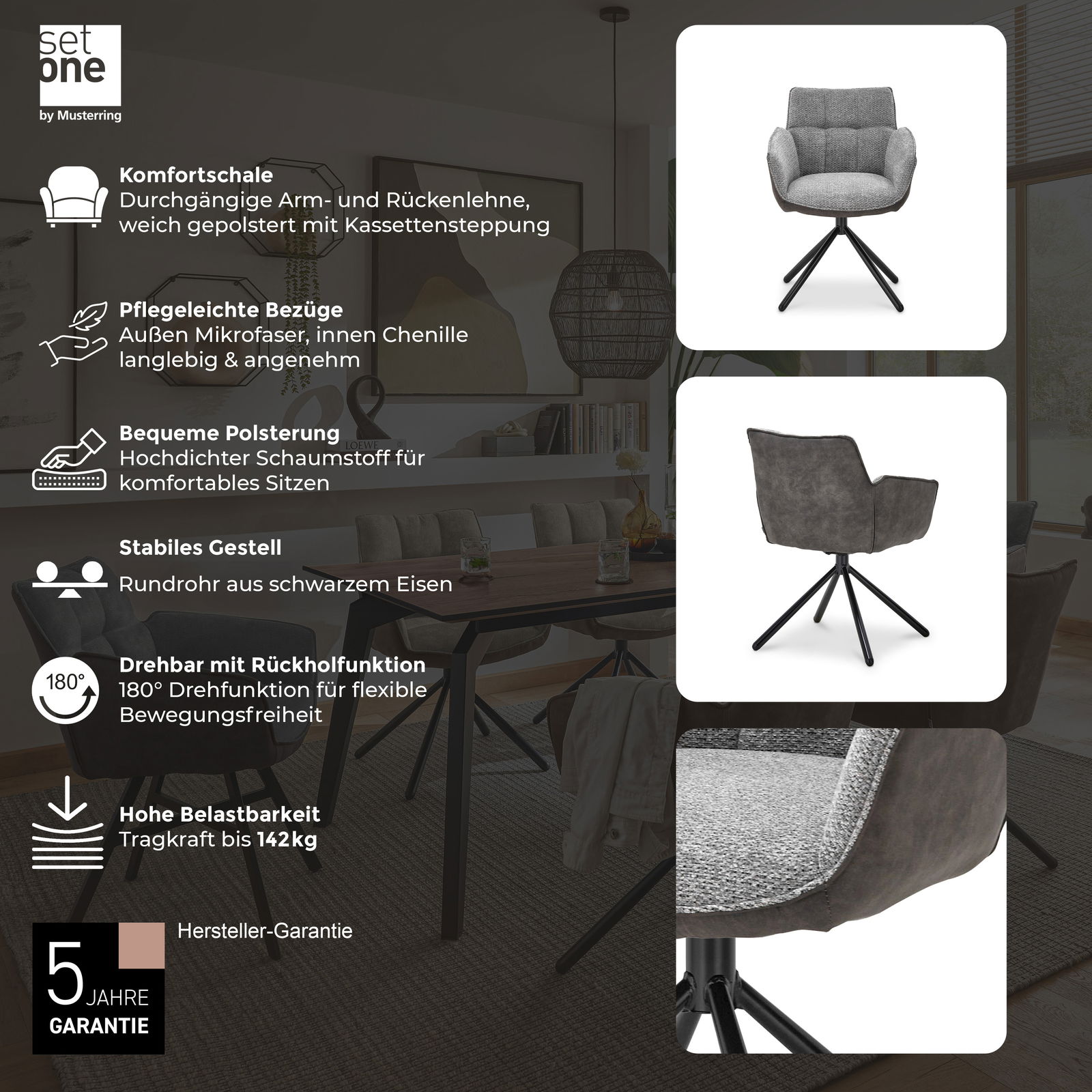Grauer Armlehnstuhl mit schwarzem Eisengestell, Vorder- und Rückansicht, drehbar mit Rückholfunktion, in einem modernen Esszimmer.