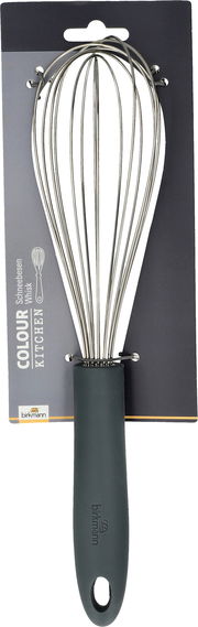 Grauer Schneebesen mit ergonomischem Griff, frontal abgebildet auf einer Verpackungskarte.