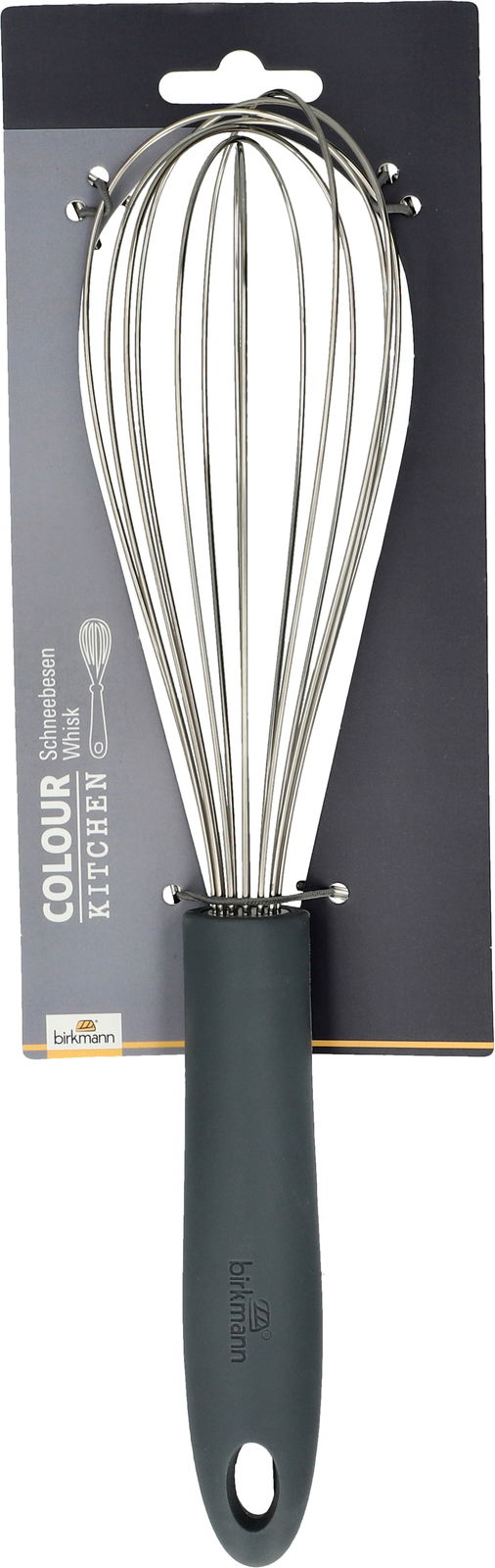 Birkmann Schneebesen COLOUR KITCHEN Grauer Schneebesen mit ergonomischem Griff, frontal abgebildet auf einer Verpackungskarte.