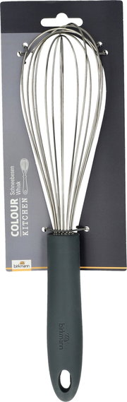 Grauer Schneebesen mit ergonomischem Griff, frontal abgebildet auf einer Verpackungskarte.