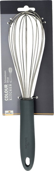 Grauer Schneebesen mit ergonomischem Griff, frontal abgebildet auf einer Verpackungskarte.