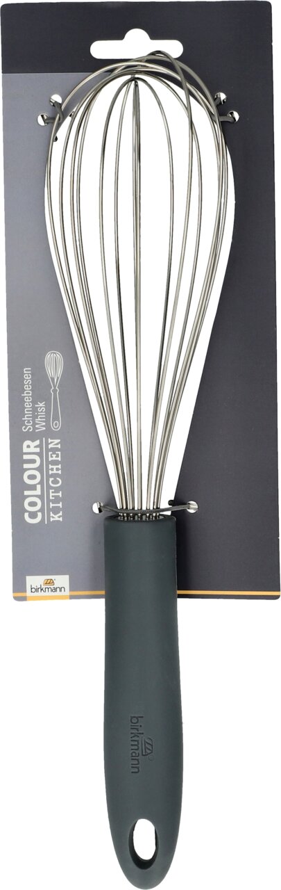 Grauer Schneebesen mit ergonomischem Griff, frontal abgebildet auf einer Verpackungskarte.