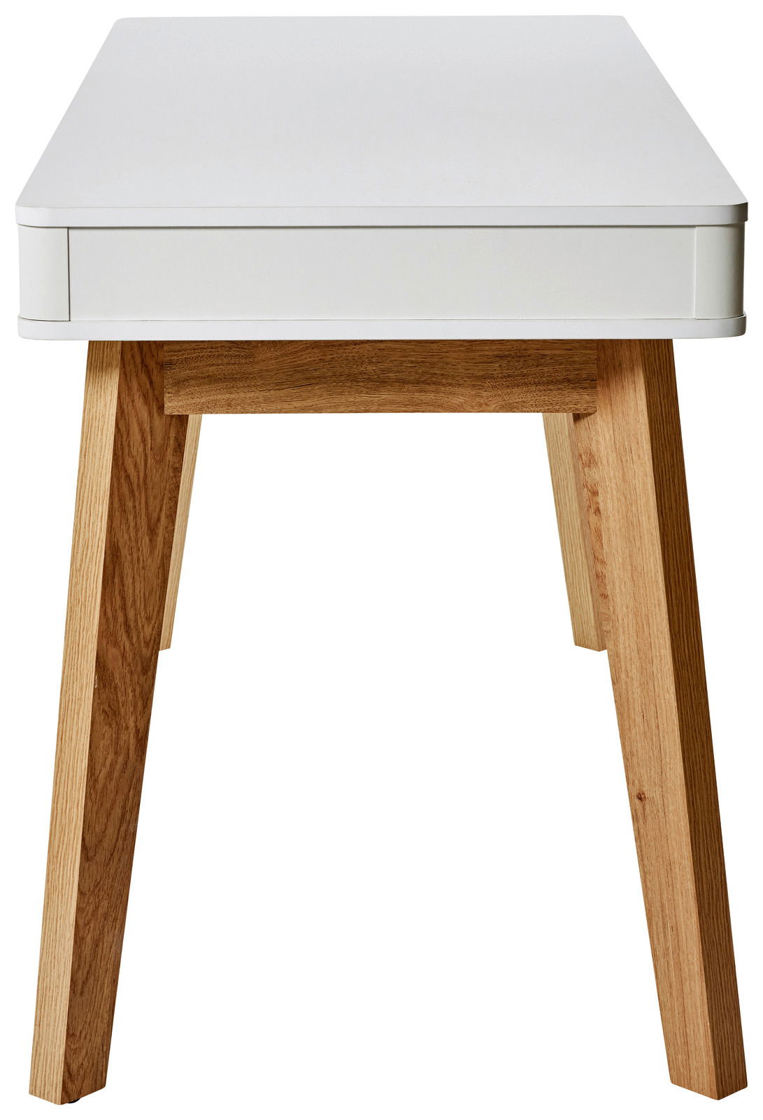 Moderner Schreibtisch mit weißer Tischplatte und Holzbeinen, Frontalansicht