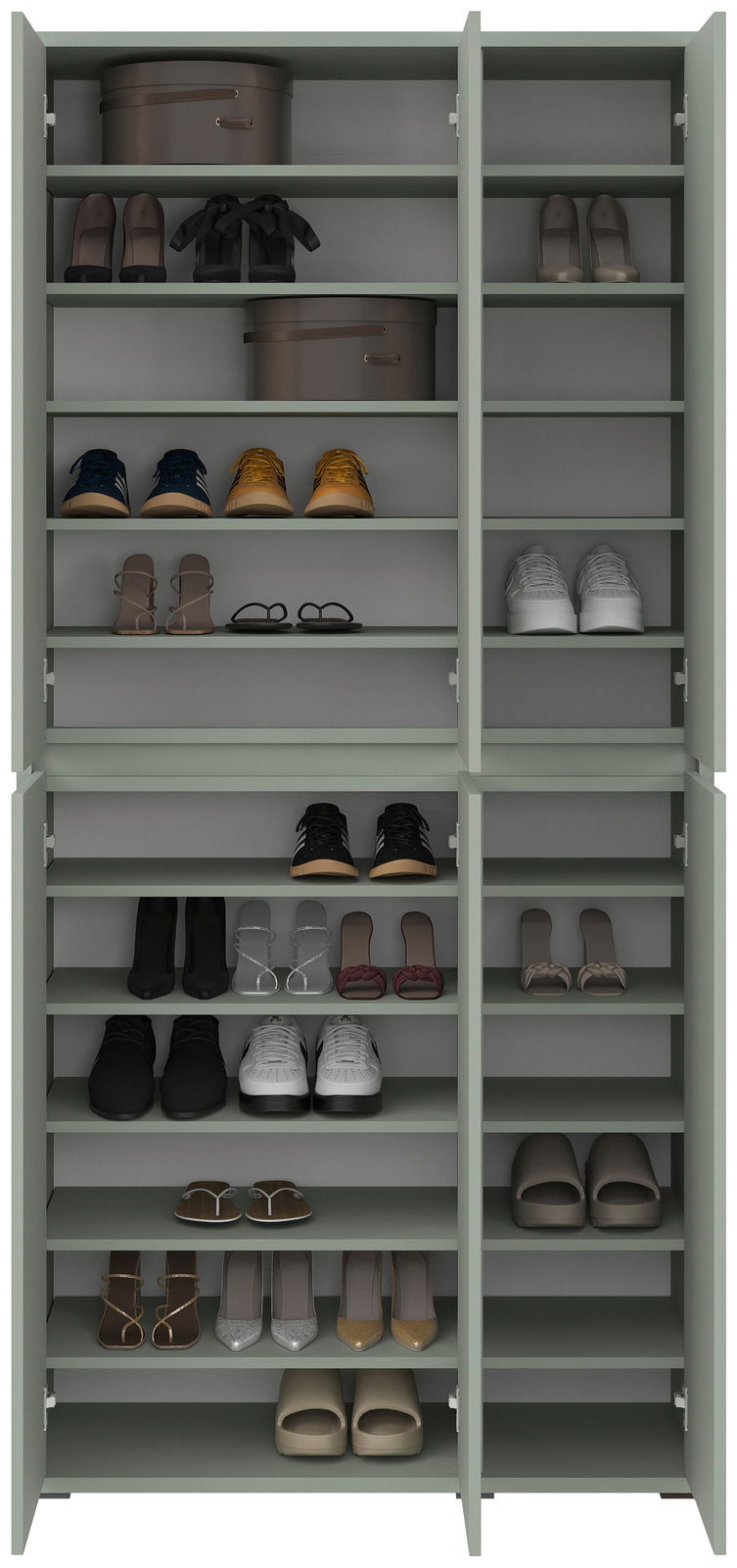 Vorderansicht eines XXL-Schuh- und Mehrzweckschranks mit offenen Türen, gefüllt mit verschiedenen Schuhen und Aufbewahrungsboxen.