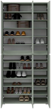 Vorderansicht eines XXL-Schuh- und Mehrzweckschranks mit offenen Türen, gefüllt mit verschiedenen Schuhen und Aufbewahrungsboxen.