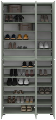 Vorderansicht eines XXL-Schuh- und Mehrzweckschranks mit offenen Türen, gefüllt mit verschiedenen Schuhen und Aufbewahrungsboxen.