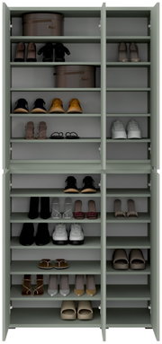 Vooraanzicht van een XXL-schoenen- en multifunctionele kast met open deuren, gevuld met diverse schoenen en opbergdozen.