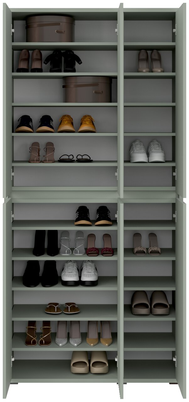 Vooraanzicht van een XXL-schoenen- en multifunctionele kast met open deuren, gevuld met diverse schoenen en opbergdozen.