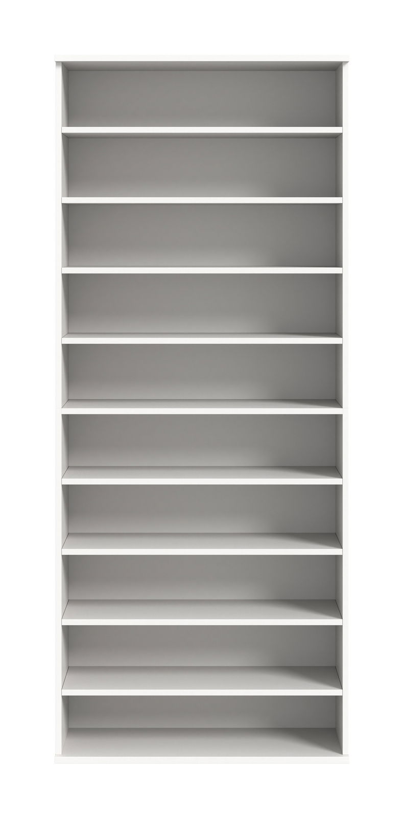 Frontale Ansicht eines weißen Schuhregals mit mehreren Regalböden.