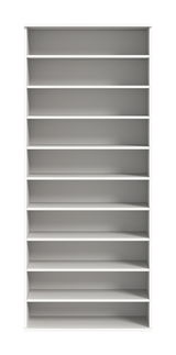 Frontale Ansicht eines weißen Schuhregals mit mehreren Regalböden.