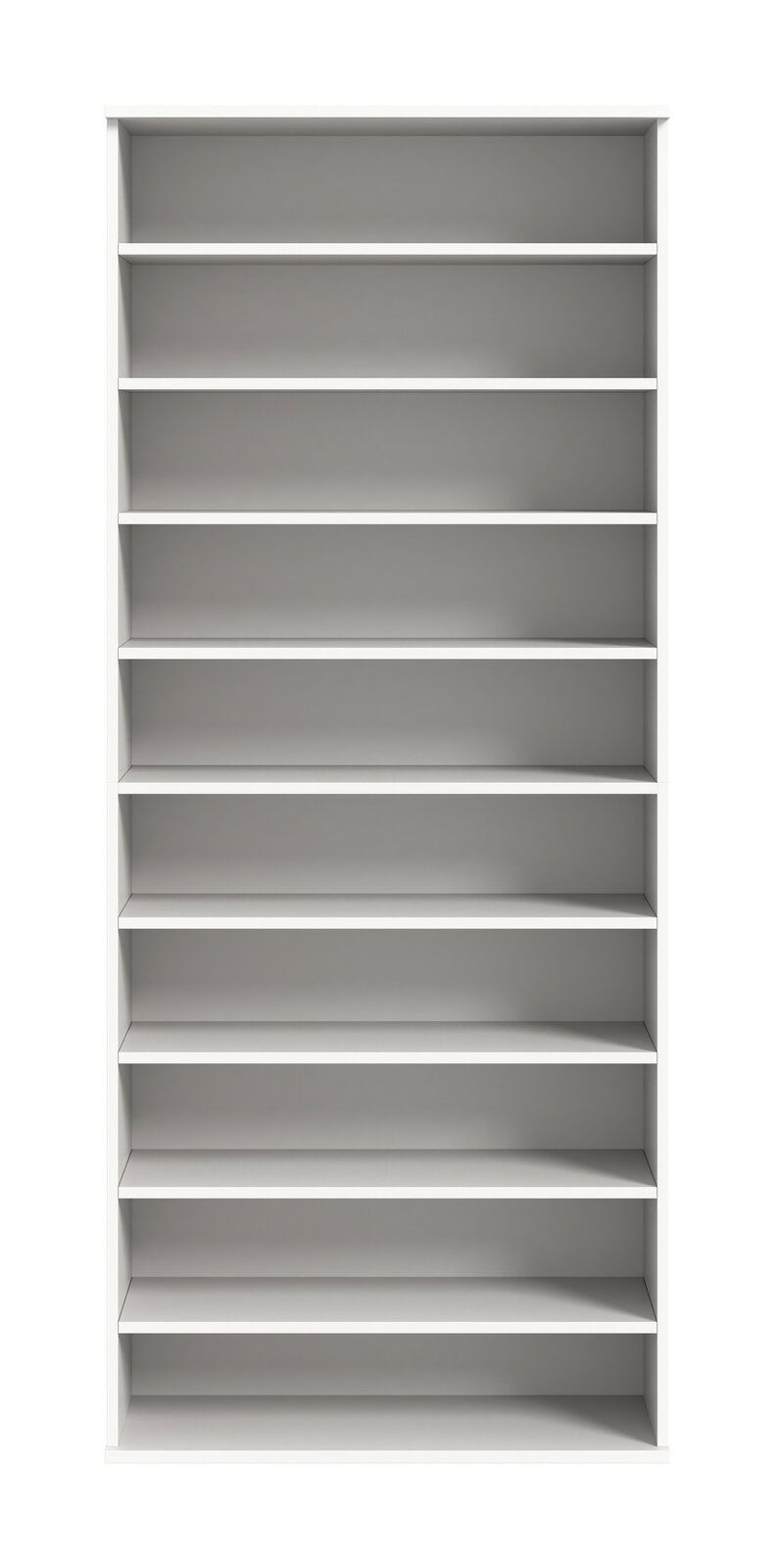 Frontale Ansicht eines weißen Schuhregals mit mehreren Regalböden.