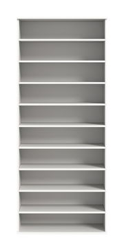 Frontale Ansicht eines weißen Schuhregals mit mehreren Regalböden.
