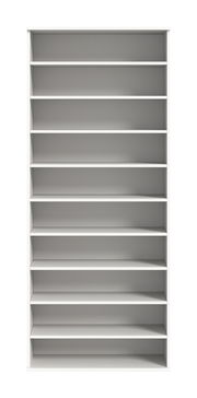 Frontale Ansicht eines weißen Schuhregals mit mehreren Regalböden.