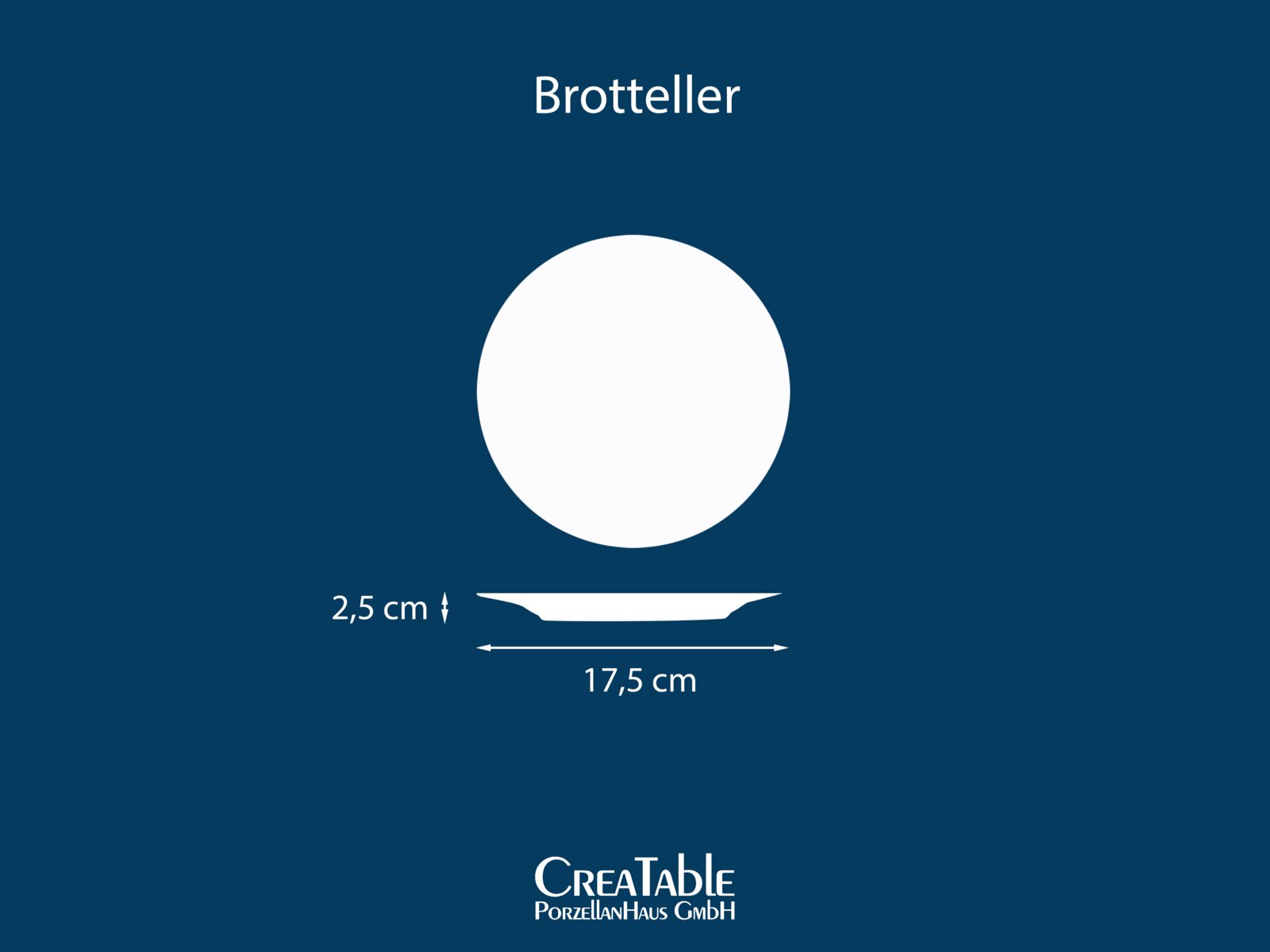 Weißer runder Brotteller aus Porzellan, Draufsicht mit Seitenprofil; Durchmesser 17,5 cm, Höhe 2,5 cm.