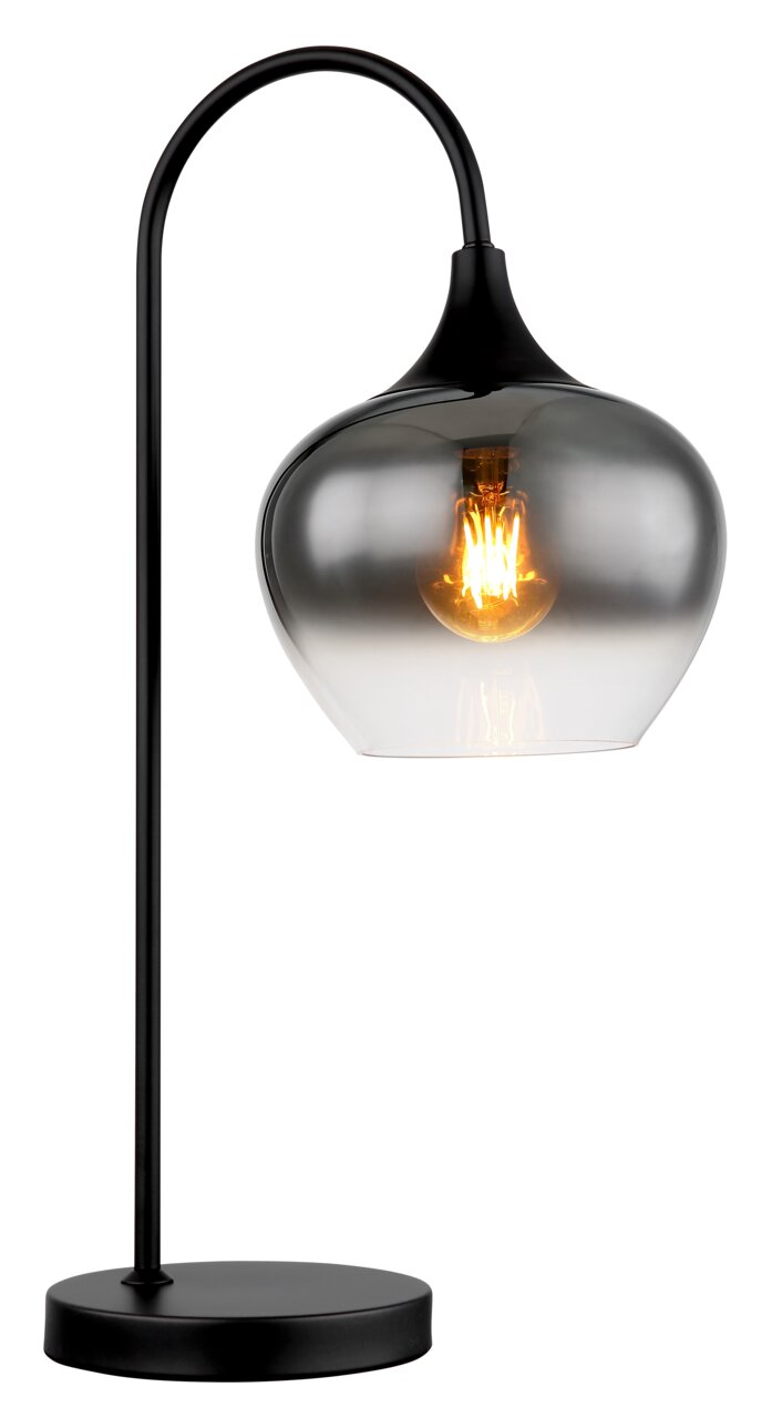 Moderne Tischleuchte MAXY mit schwarzem Gestell und rauchgrauem Glasschirm, seitliche Perspektive