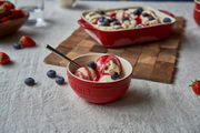 Rote Schüssel mit Eiscreme und Beeren, seitliche Perspektive