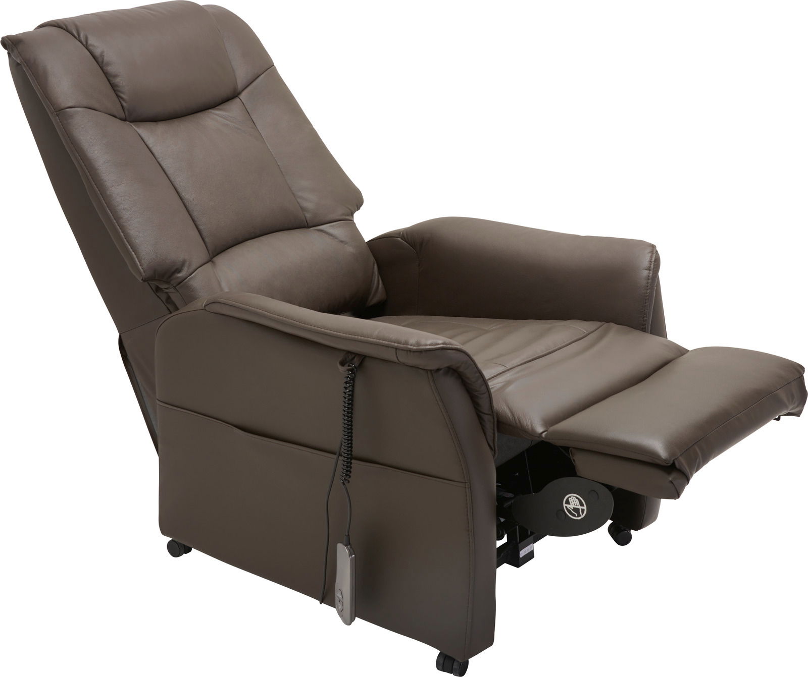 Bequemer brauner Fernsehsessel in Liegeposition, seitliche Perspektive