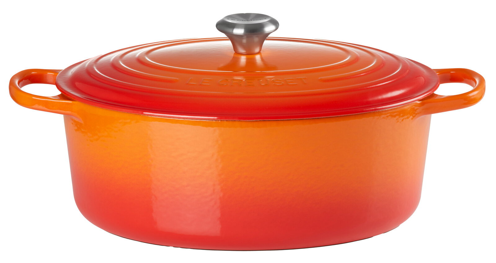 Ovaler Bräter in Ofenrot mit Deckel, seitliche Perspektive