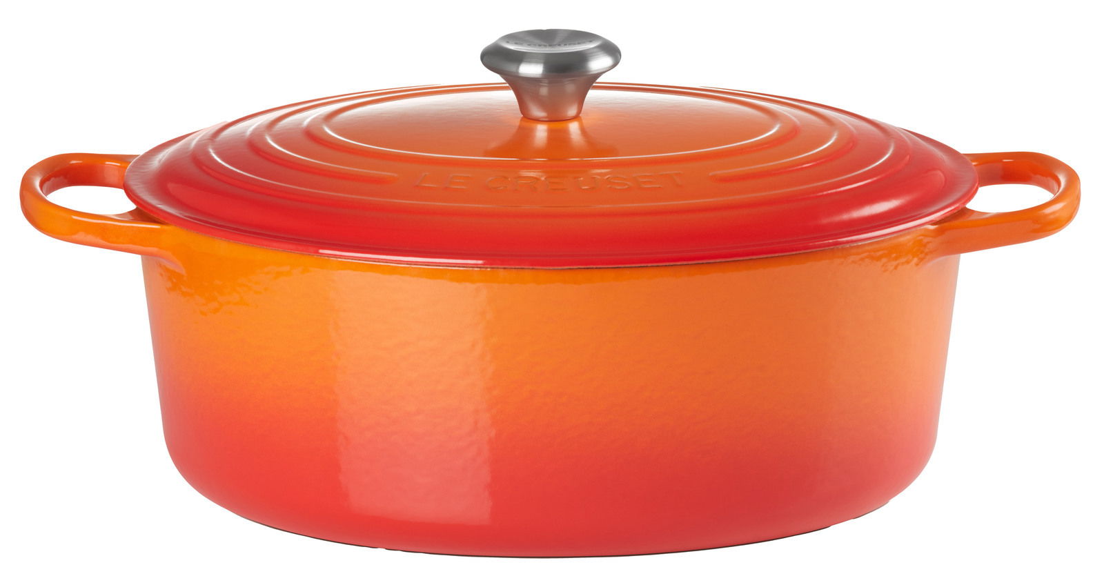 Ovaler Bräter in Ofenrot mit Deckel, seitliche Perspektive