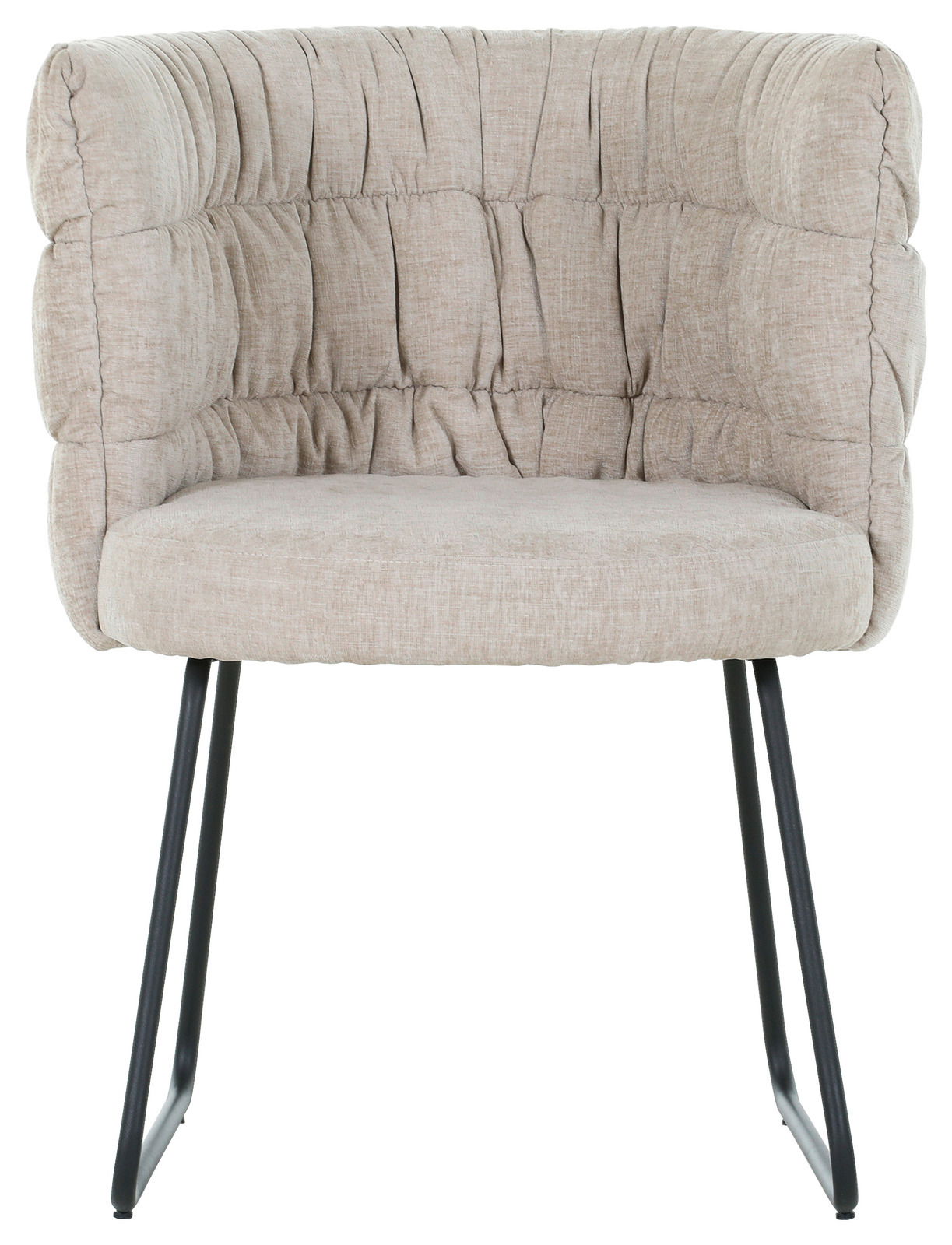 Frontansicht eines beigen Armlehnstuhls mit gepolsterter Rückenlehne und schwarzen Metallbeinen.