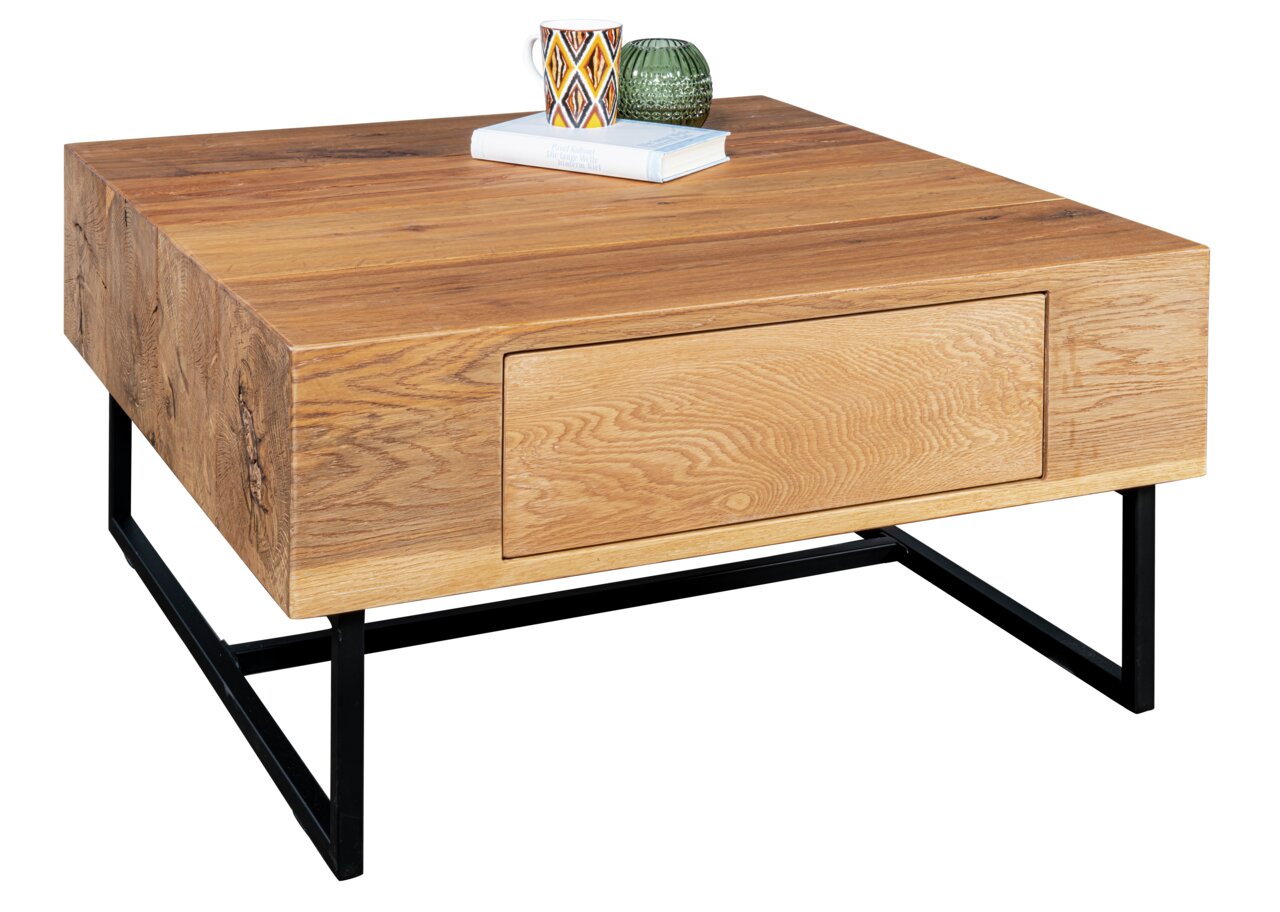 Moderner Couchtisch aus Holz mit schwarzem Metallgestell, seitliche Perspektive