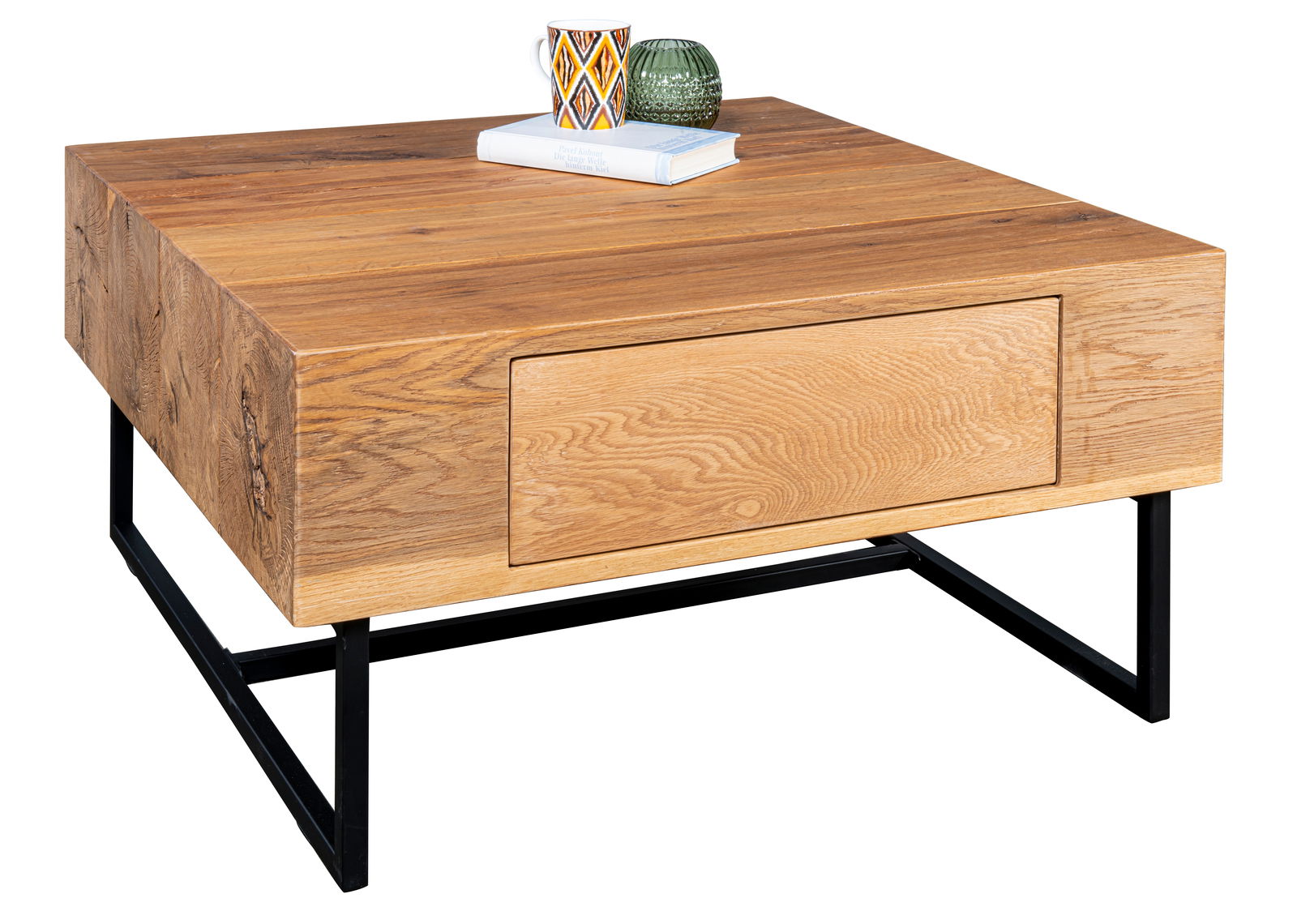 Moderner Couchtisch aus Holz mit schwarzem Metallgestell, seitliche Perspektive