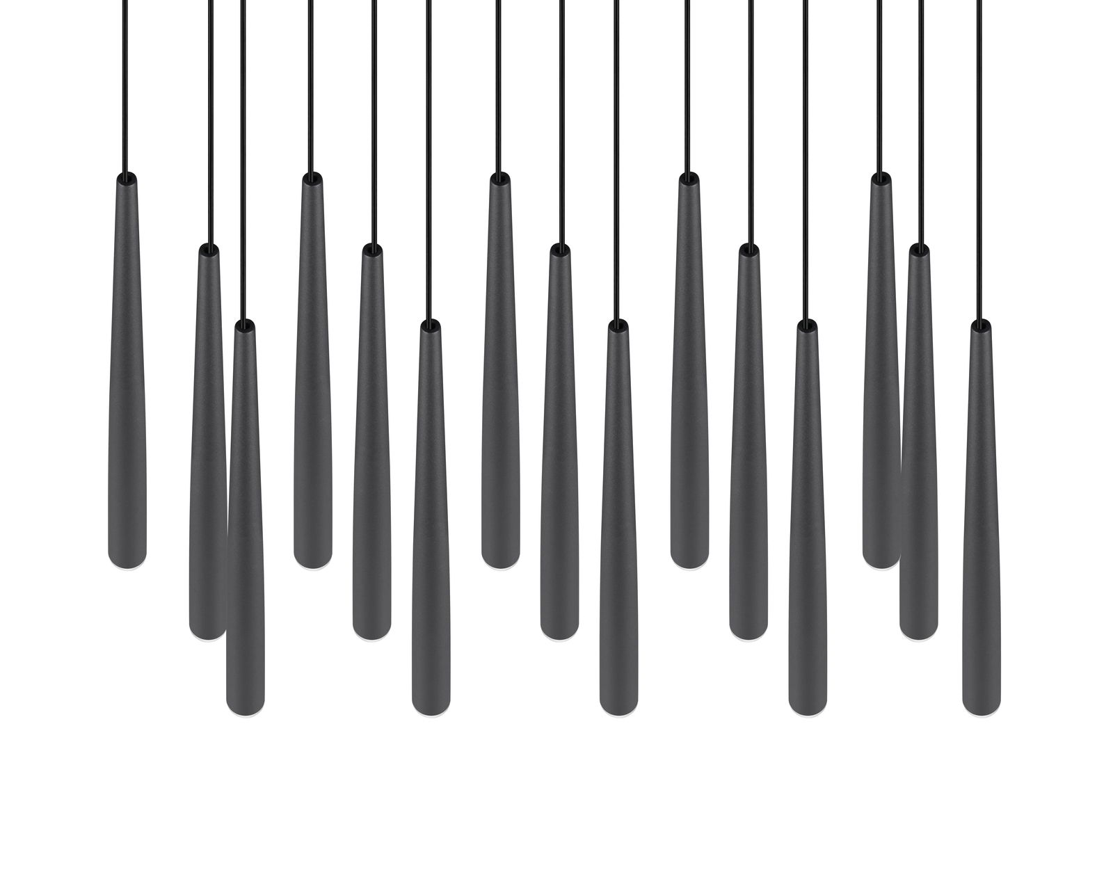Moderne Pendelleuchte mit mehreren schlanken, schwarzen Anhängern aus der Vorderansicht.