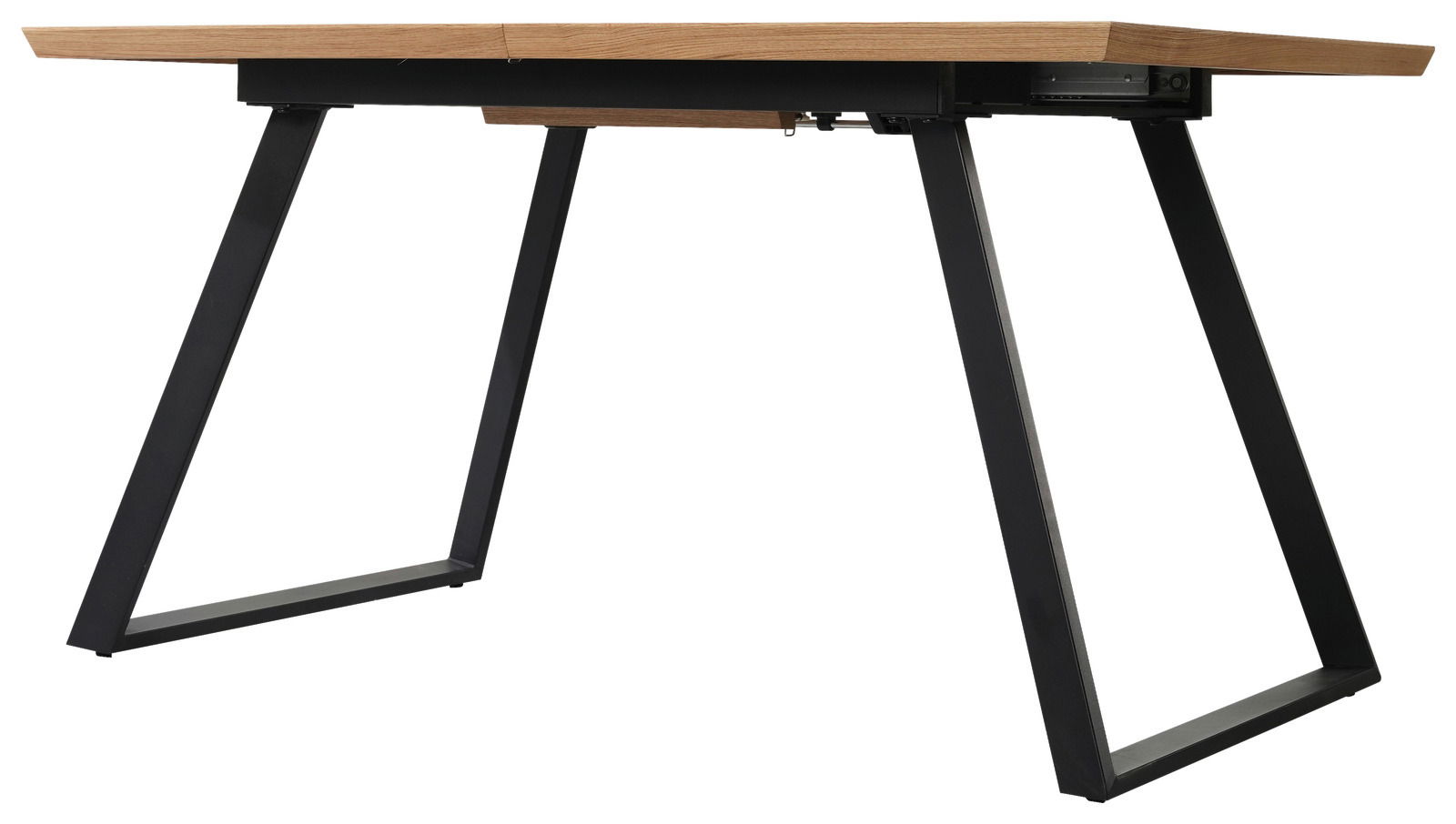 Moderner Esstisch mit Holzplatte und schwarzen Metallbeinen, seitliche Perspektive