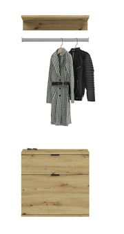 Frontale Ansicht einer modernen Garderobe mit hölzernem Regal, Kleiderstange mit zwei Jacken und einer Kommode in Holzoptik.