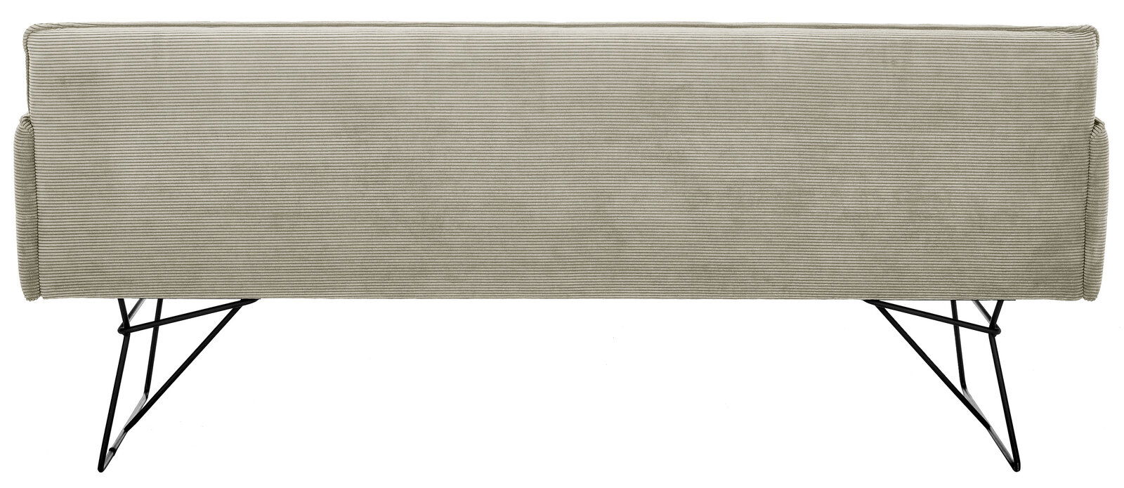 Rückansicht einer Solobank 2-Sitzer mit Metallbeinen und gestreiftem Stoffbezug.