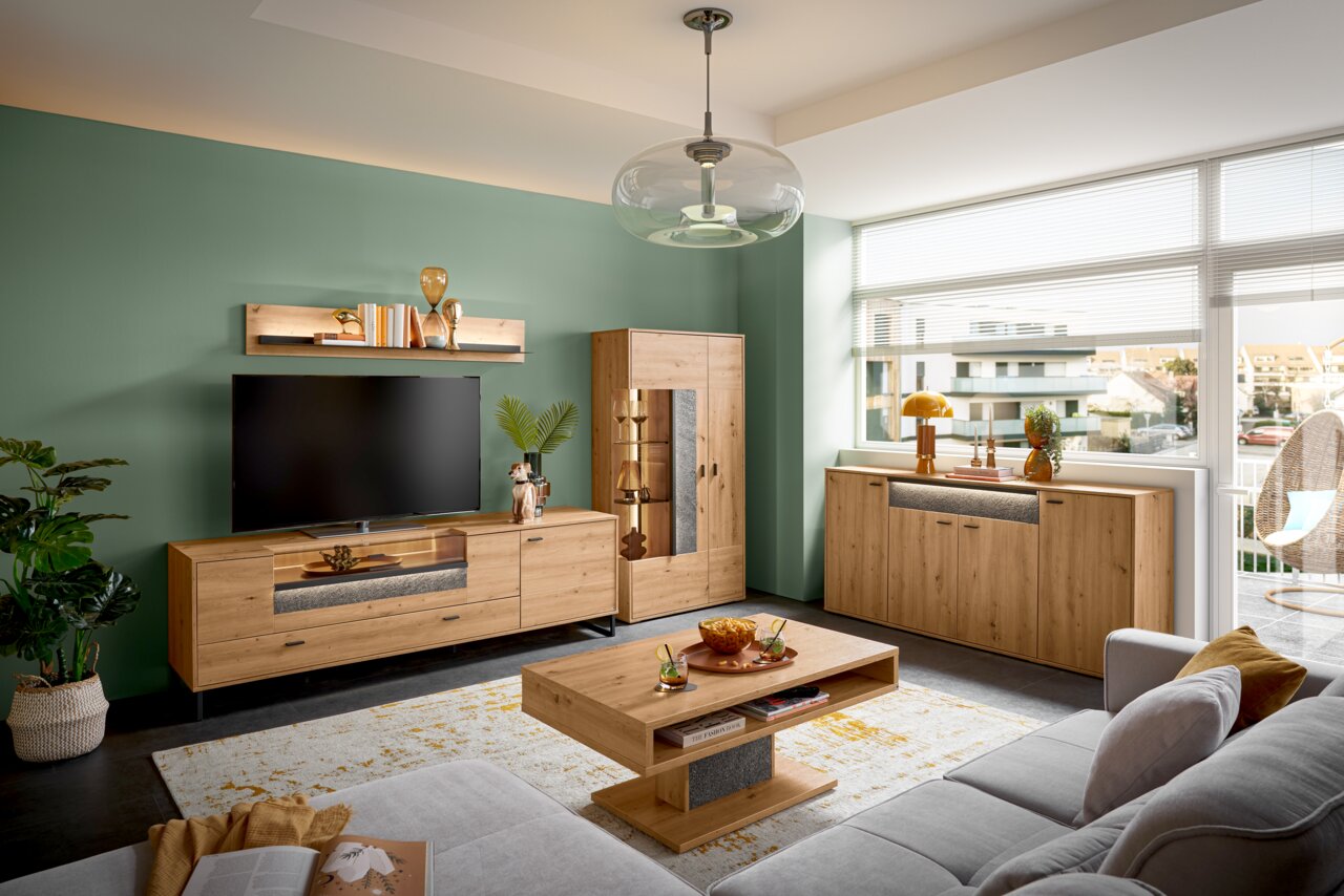 Set one by Musterring TV-Lowboard DELTONA TV-Lowboard aus Holz in modernem Wohnzimmer, frontal betrachtet