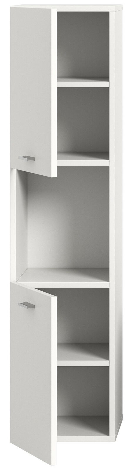 Weißer Badschrank mit zwei offenen Türen, drei Regalböden, frontal betrachtet.
