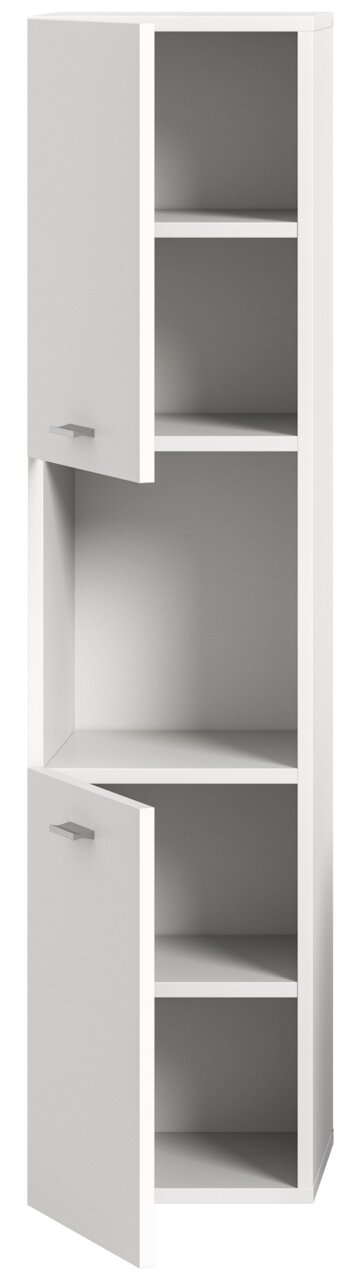 Weißer Badschrank mit zwei offenen Türen, drei Regalböden, frontal betrachtet.