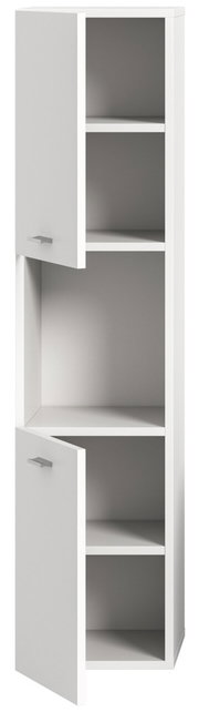 Weißer Badschrank mit zwei offenen Türen, drei Regalböden, frontal betrachtet.