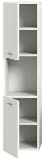 Weißer Badschrank mit zwei offenen Türen, drei Regalböden, frontal betrachtet.