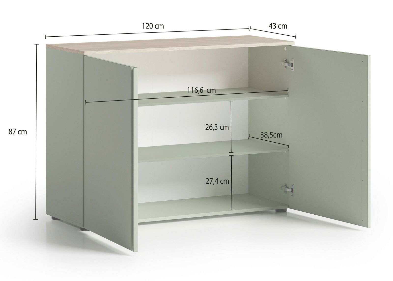 Kommode mit zwei offenen Türen, drei Regalböden, Maße: 120 cm Breite, 87 cm Höhe, 43 cm Tiefe, Perspektive von vorne links